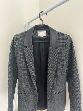 Claudie Pierlot Black & White Houndstooth Wool Blazer with Faux Leather Collar